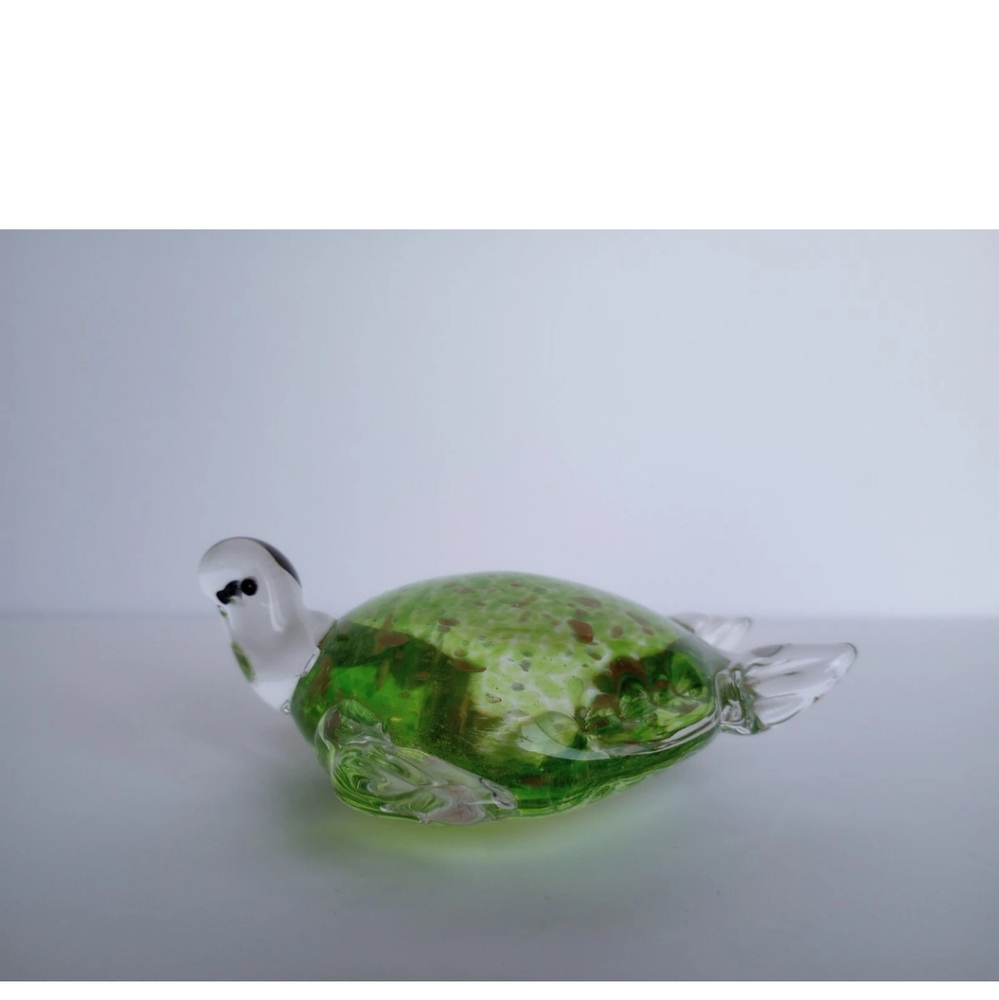 Lenox Art Glass Sea Turtle Paperweight Collectible Green Gold Flecks 4 1/2"